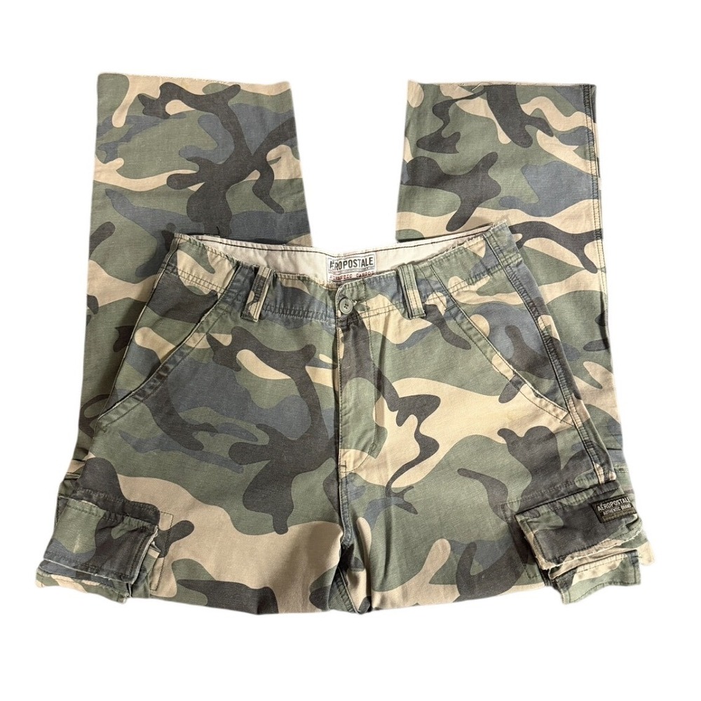 Aeropostale Mens Camo Cargo Pants 34x34 Green Woodland Military Straight Leg